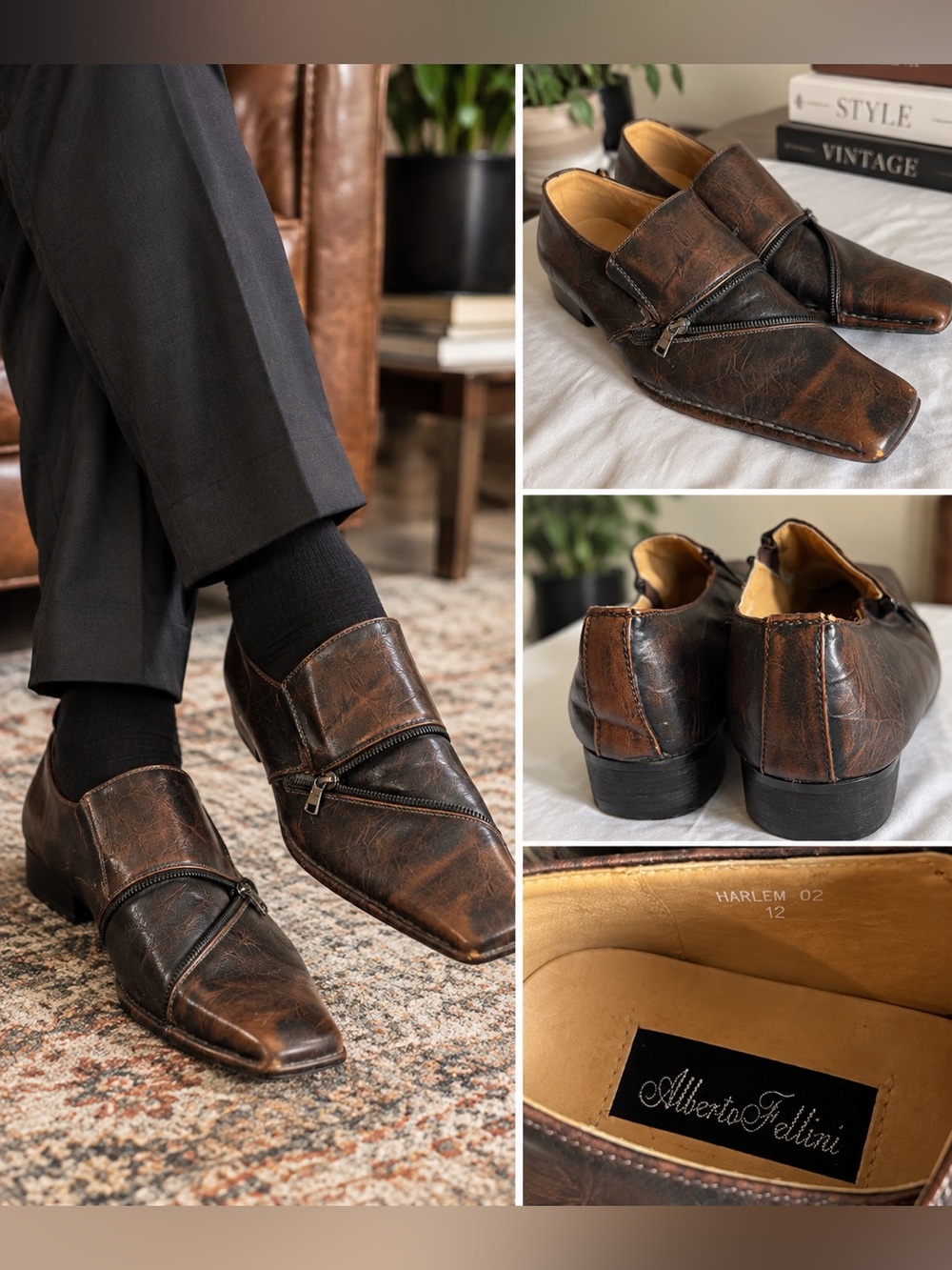 Alberto Fellini Men’s Brown Distressed Zip Dress Shoes Size 12